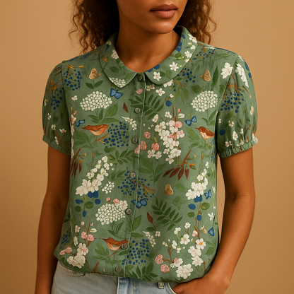 Airy floral print blouse for women with a loose comfortable fit, suitable for warm days, casual outfits, and everyday wear.