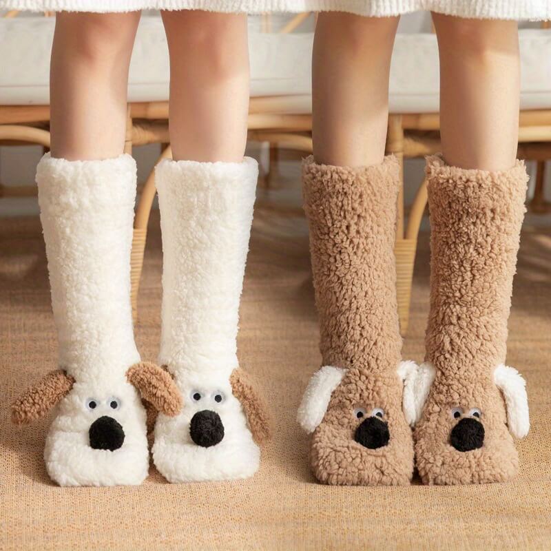 Cozy Fuzzy Sock Slippers with Cute Dog Design - EasyApparels