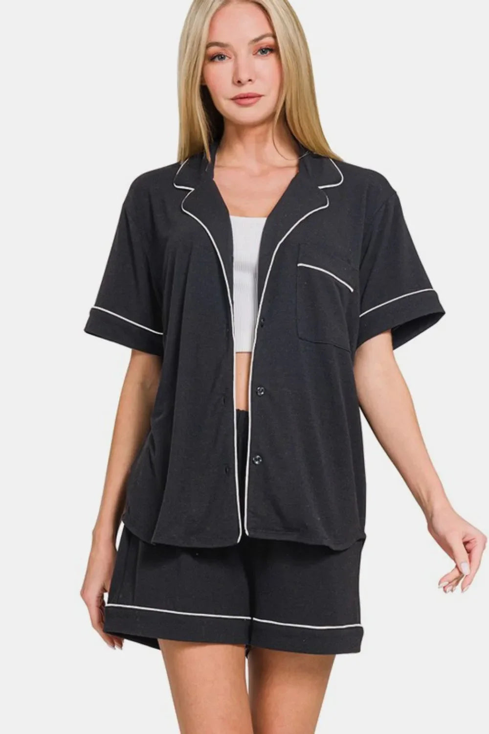 Relaxed Fit Button Down Short Sleeve Lounge Set - EasyApparels