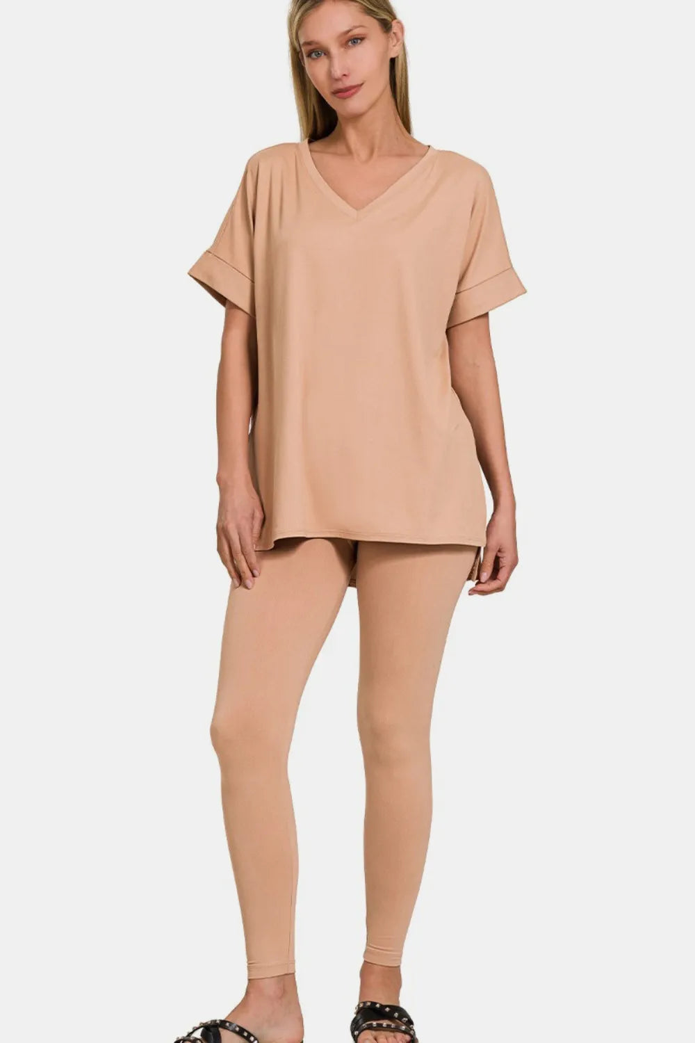 Relaxed Fit V-Neck Short Sleeve Tee and Leggings Set - EasyApparels