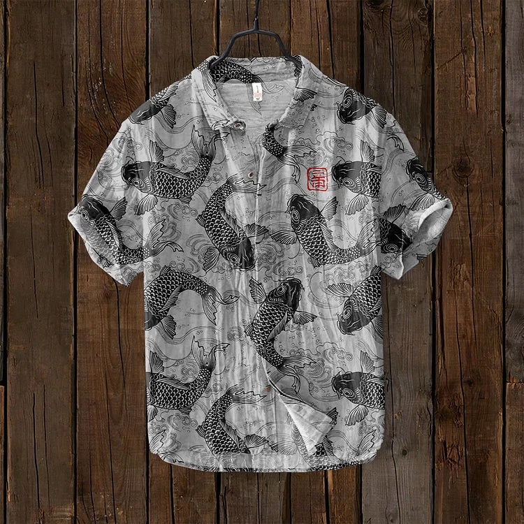 Casual Linen Shirt with Fish Pattern