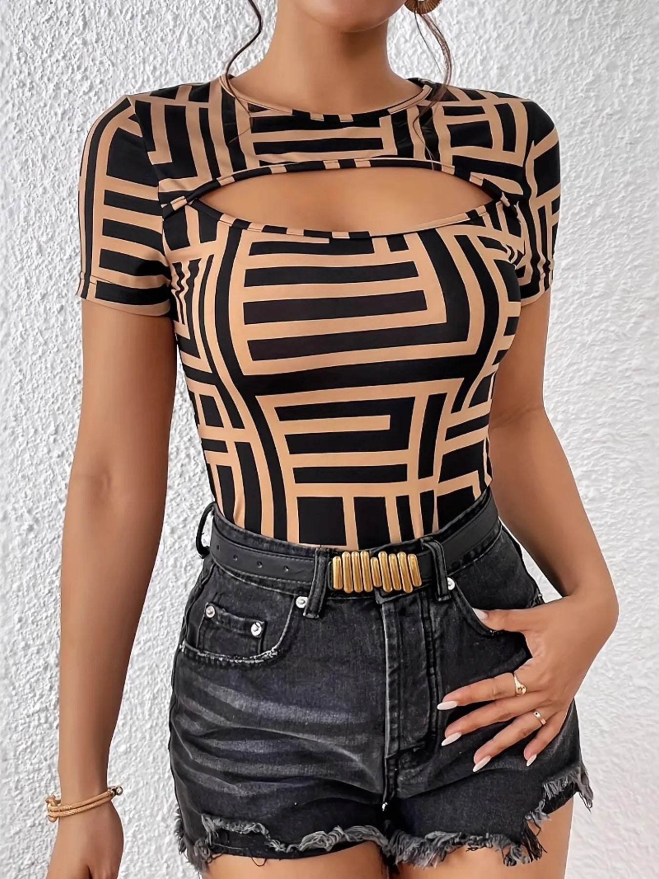 Trendy Graphic Cut Out Tee Shirt - EasyApparels