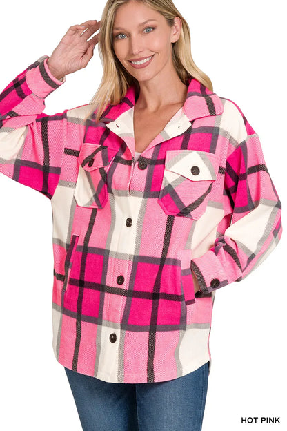 Women's Cozy Large Checkered Fleece Jacket with Pockets