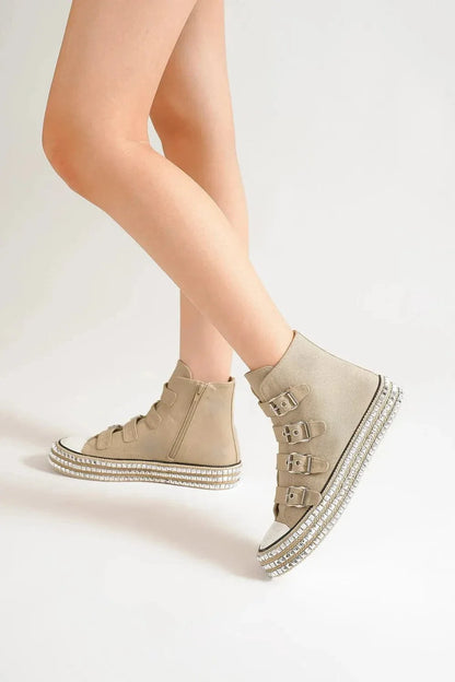 Edgy Studded Buckle Platform Sneaker Boots - EasyApparels