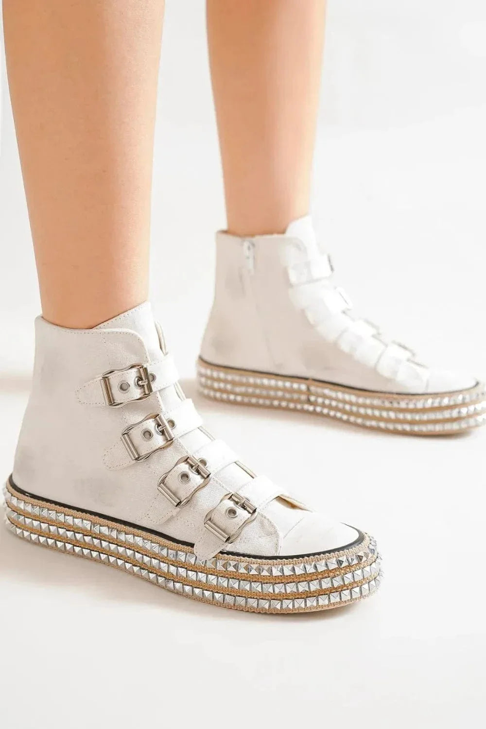 Edgy Studded Buckle Platform Sneaker Boots - EasyApparels
