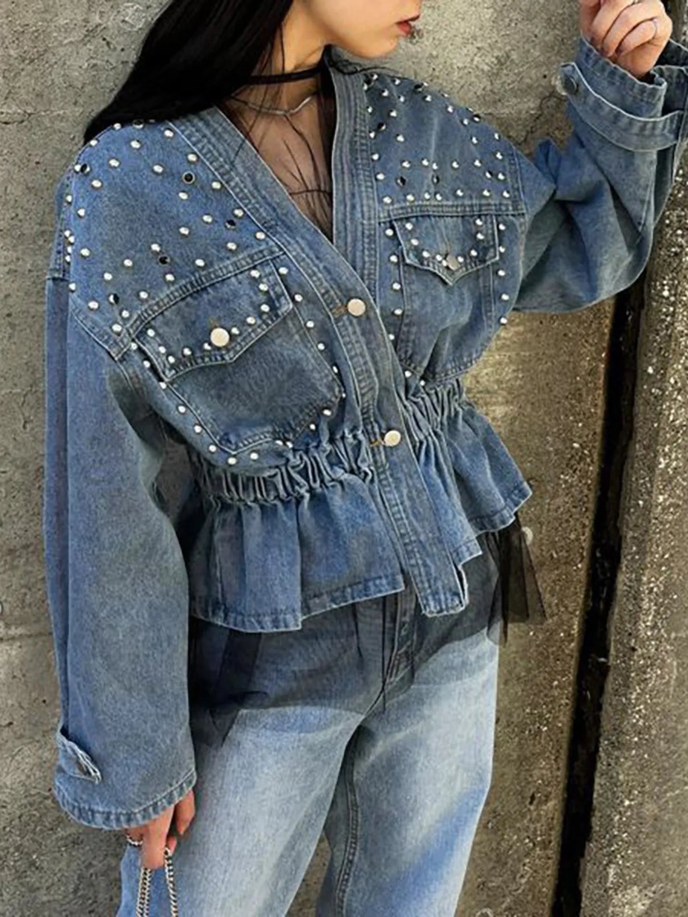 Embroidered Rivet Denim Jeans Jacket - EasyApparels