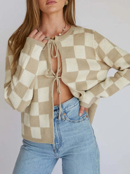 Plaid Open-Front Short Cardigan - EasyApparels