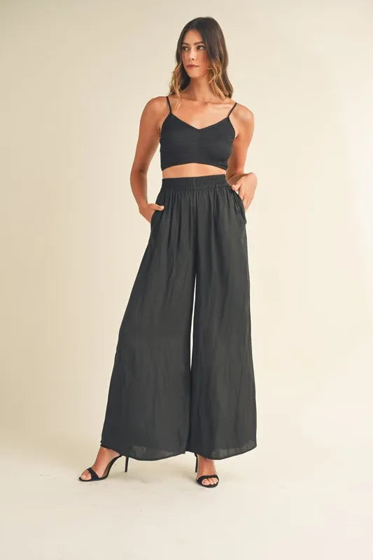 Comfy Ruffled Crop Top and Flowy Pants Set - EasyApparels