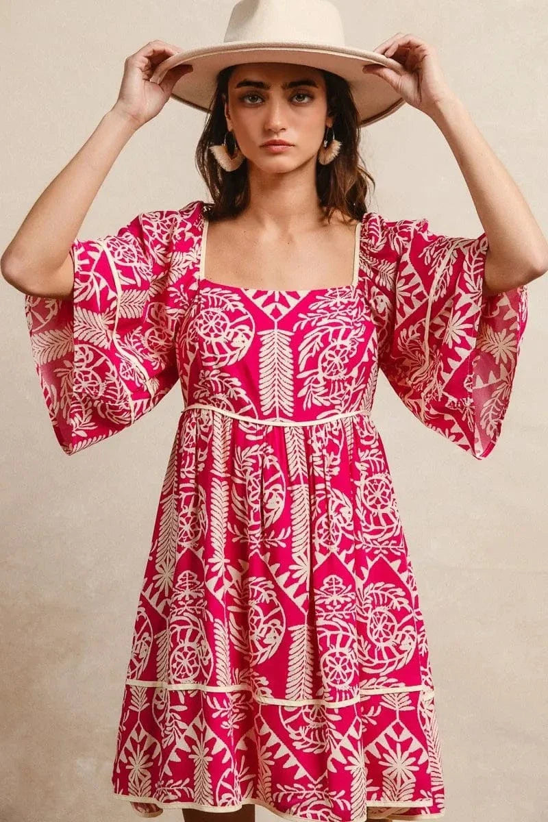 Vibrant Tribal Print Shift Dress with Colorful Trim - EasyApparels