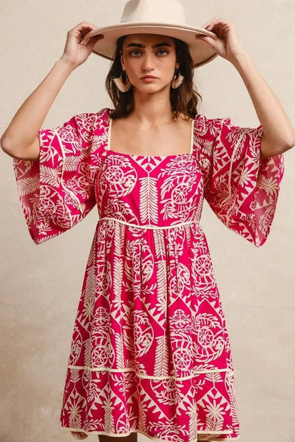 Vibrant Tribal Print Shift Dress with Colorful Trim - EasyApparels