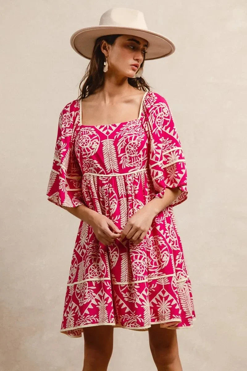 Vibrant Tribal Print Shift Dress with Colorful Trim