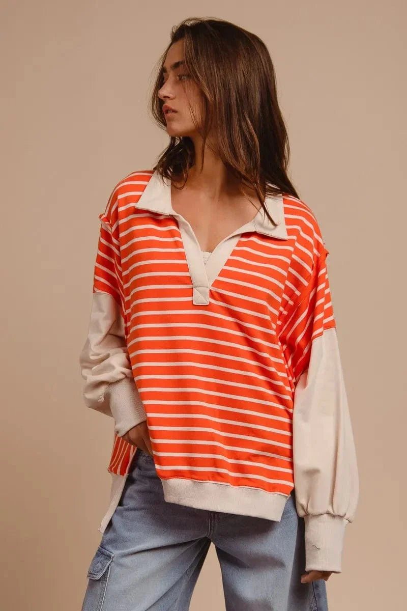 Casual Striped Relaxed Fit Blouse With Frayed Hem