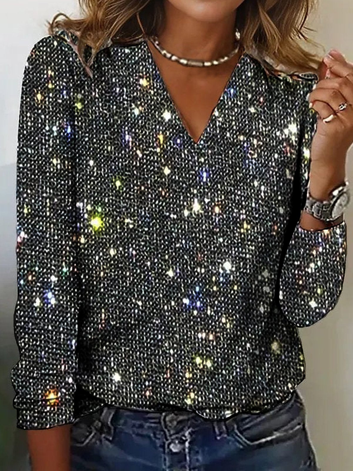Sparkly Knit V-Neck Long Sleeve Top