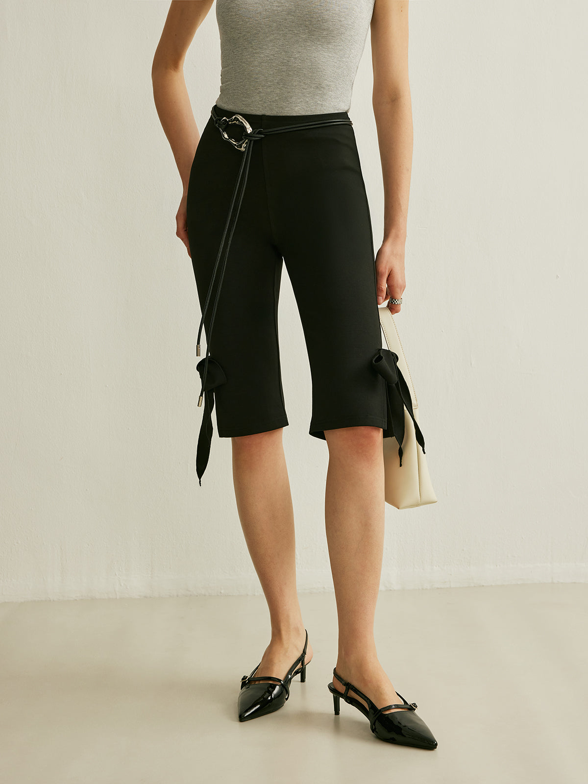 Elegant Belted Mid Rise Capri Pants - EasyApparels