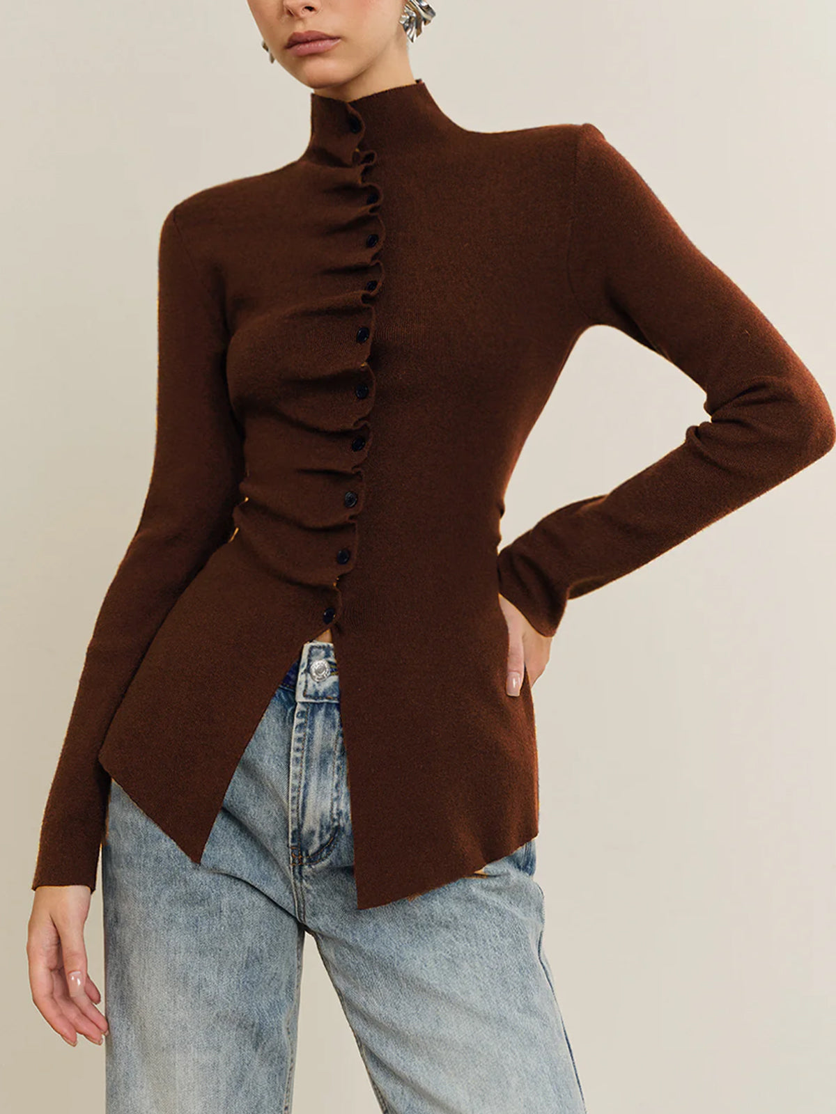 Flirty Ruffled Front Knit Shirt - EasyApparels