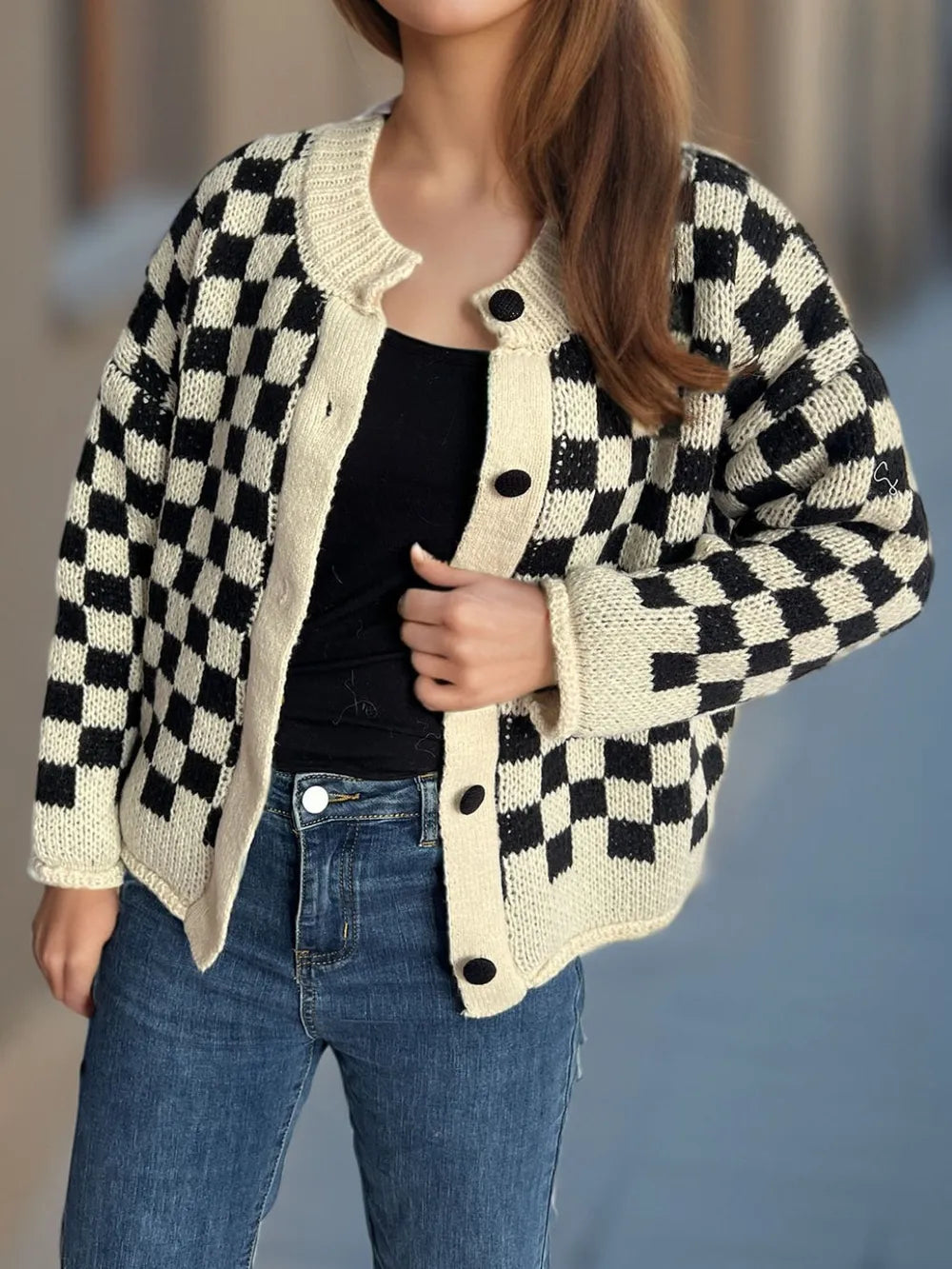 Plaid Front Open Cardigan Sweater - EasyApparels