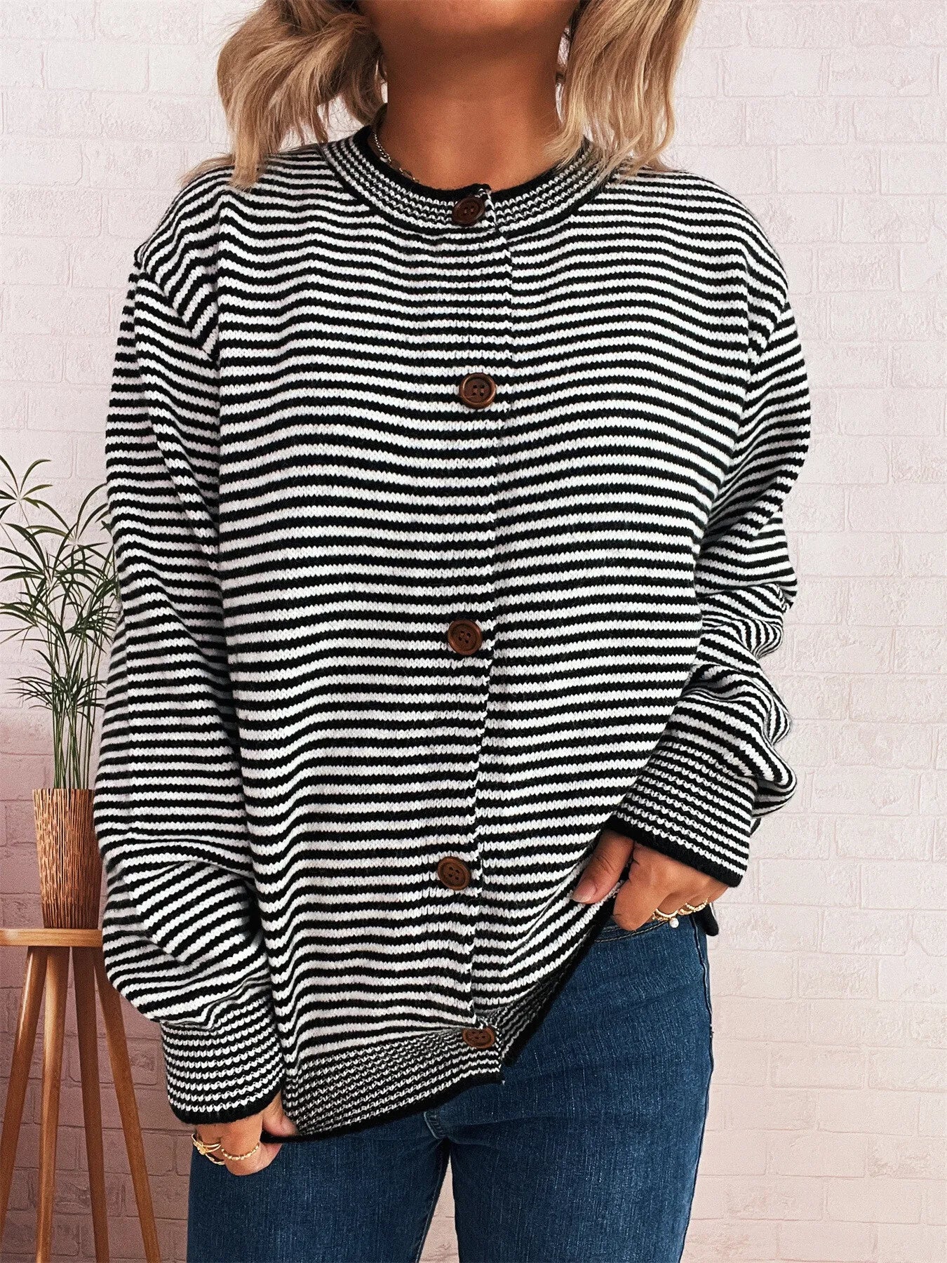 Colorful Long Sleeve Button Front Sweater - EasyApparels