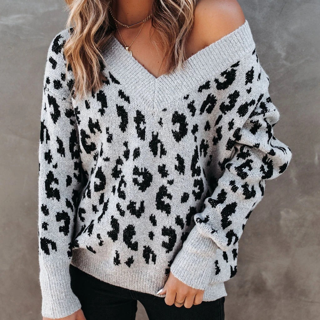 Large Soft Women's V Neck Sweater - Leopard Print
