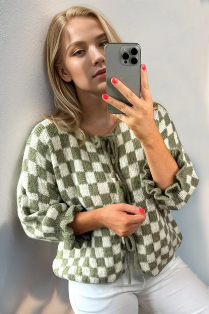 Casual Drop Shoulder Plaid Fluffy Cardigan Sweater