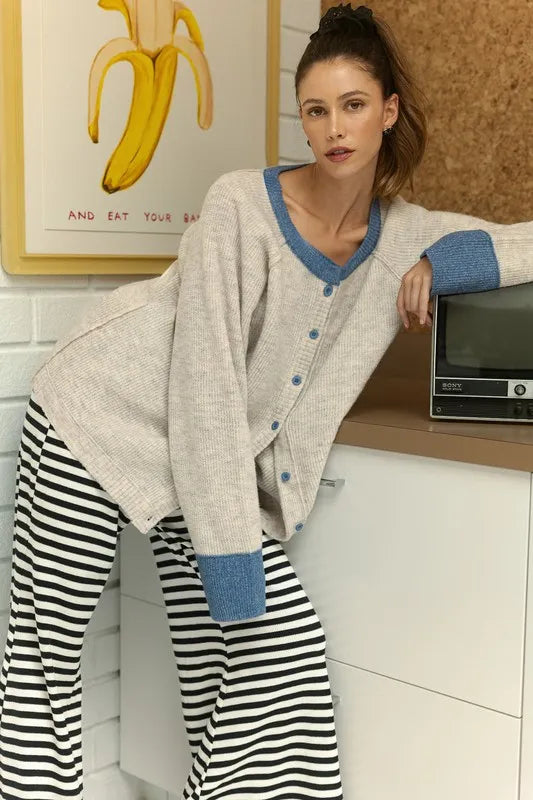 Colorblock Button Front Raglan Cardigan Sweater - EasyApparels