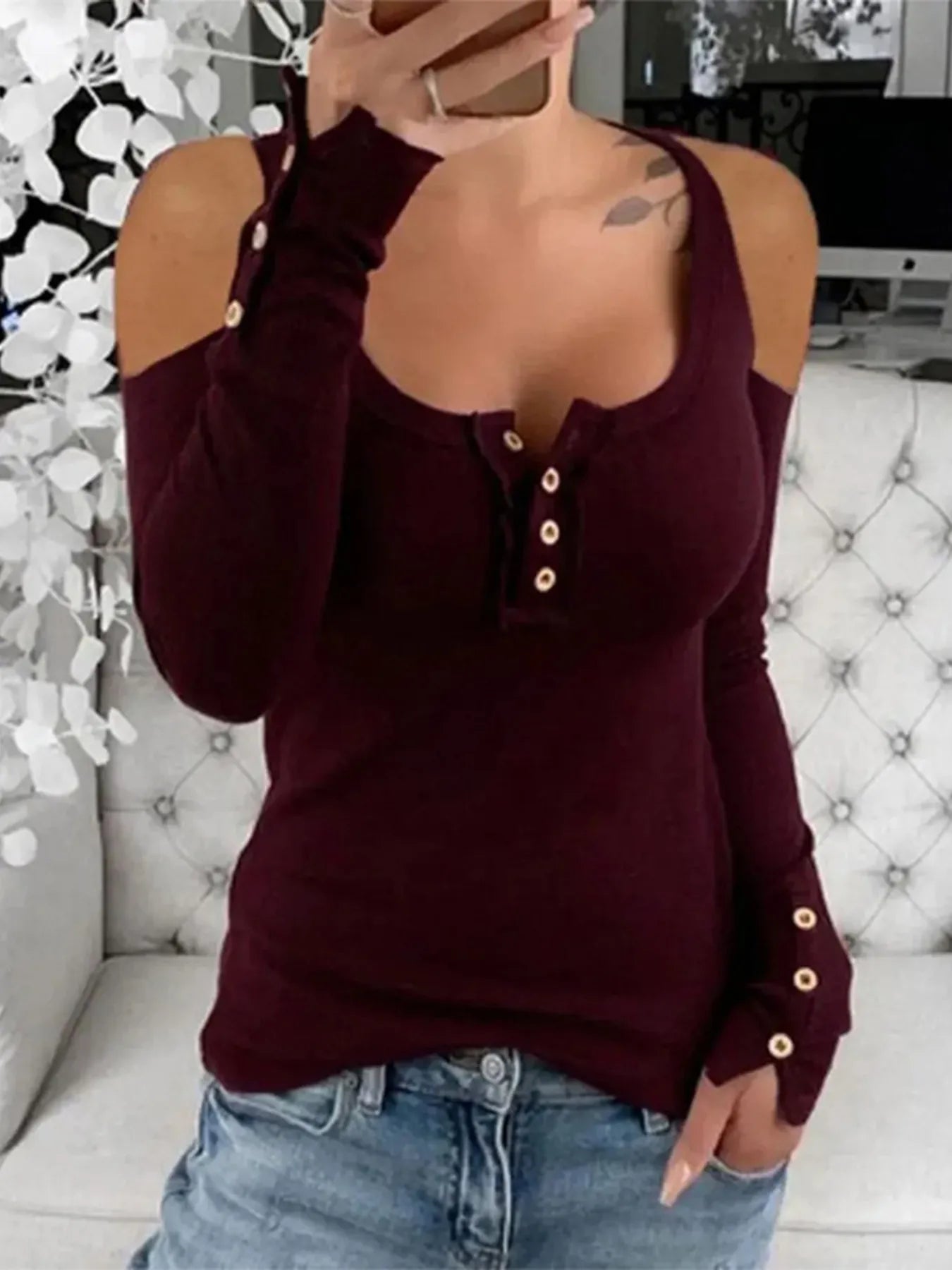 Trendy Off The Shoulder Button Front Tee Shirt