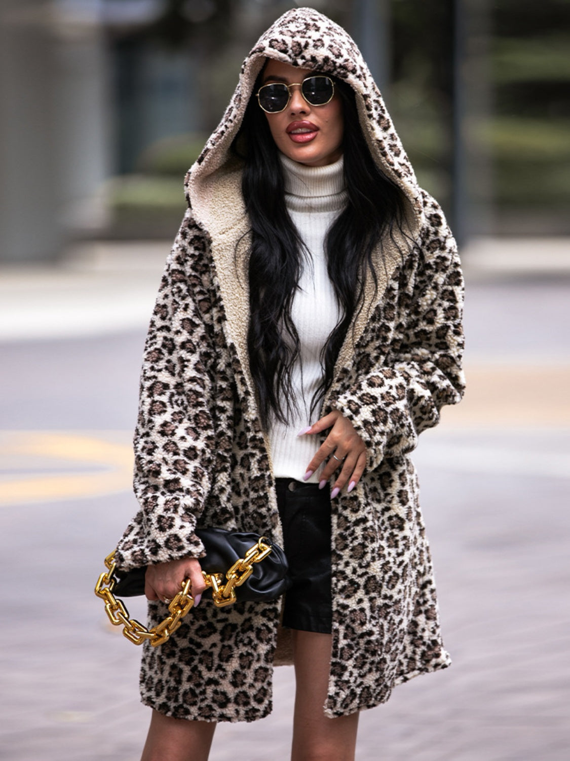 Faux Fur Leopard Hooded Parka Coat - EasyApparels