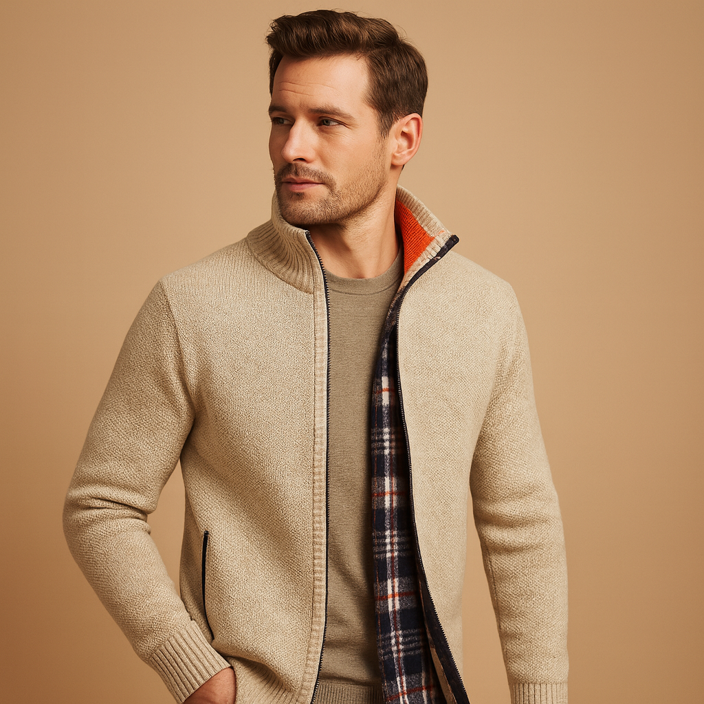 Warm Plaid Lined Men's Cable Sweater - Vossary