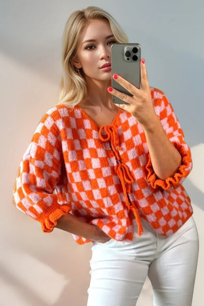 Casual Drop Shoulder Plaid Fluffy Cardigan Sweater
