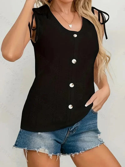 Ladies Summer Blouse with Buttons and Crochet Details