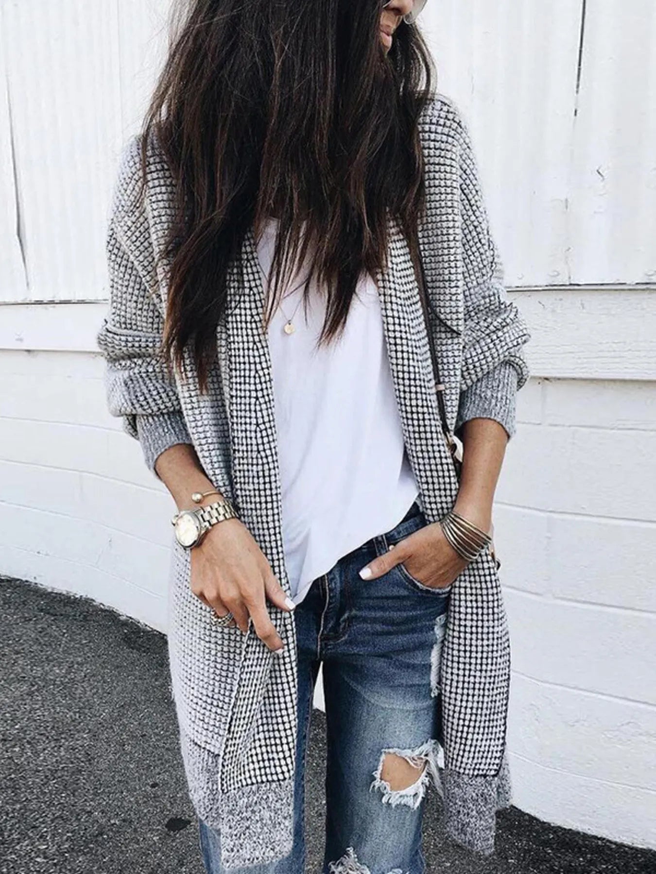 Bold Checked Oversized Cardigan with Textured Edge - EasyApparels