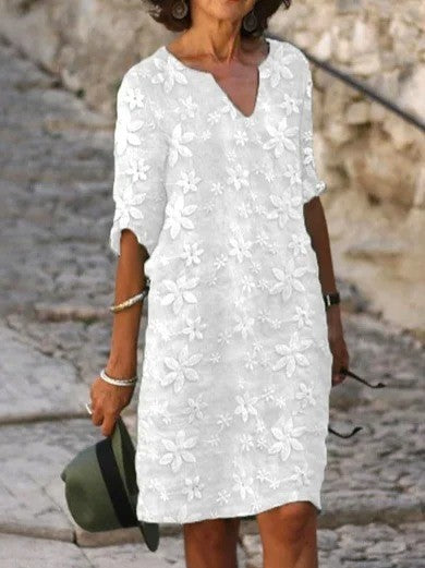 Casual Floral Lace V-Neck Mini Dress - EasyApparels