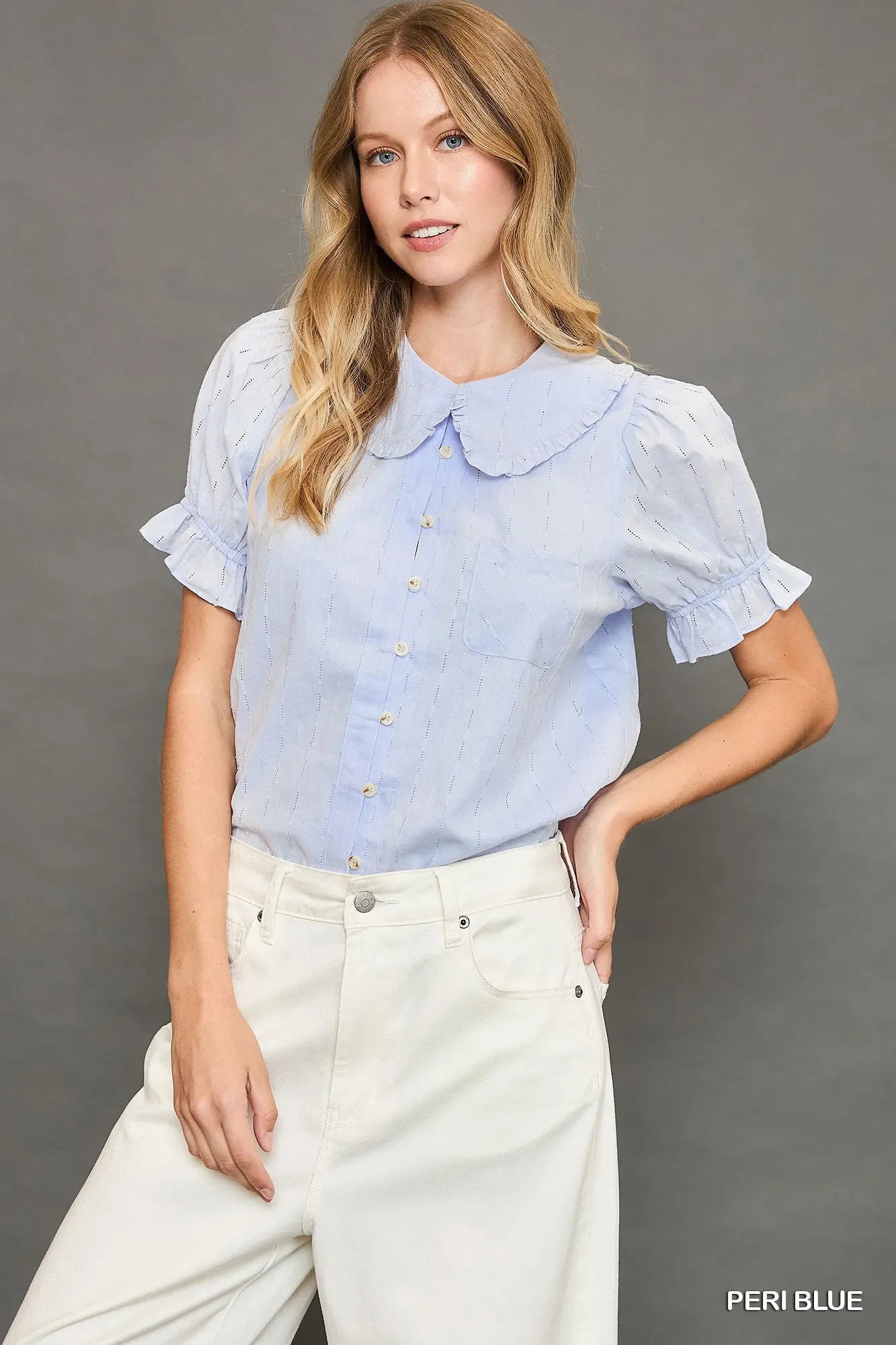 Classic Peter Pan Collar Textured Button Shirt - EasyApparels