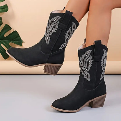 Stylish Embroidered Suede Mid Calf Boots