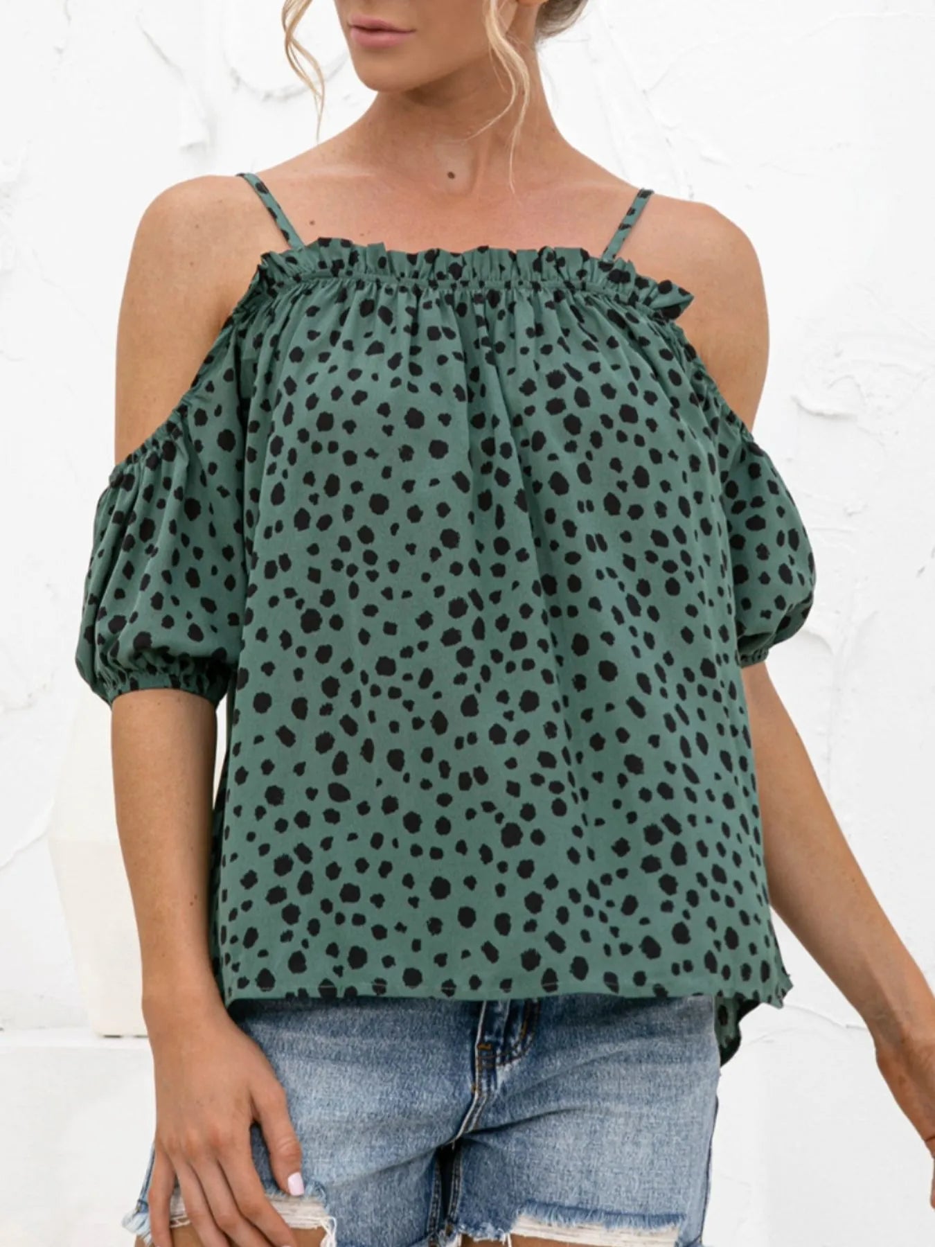 Fluffy Ruffled Dot Blouse Top - EasyApparels
