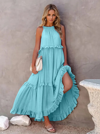 Flowy Strapless Layered Maxi Dress with Pockets