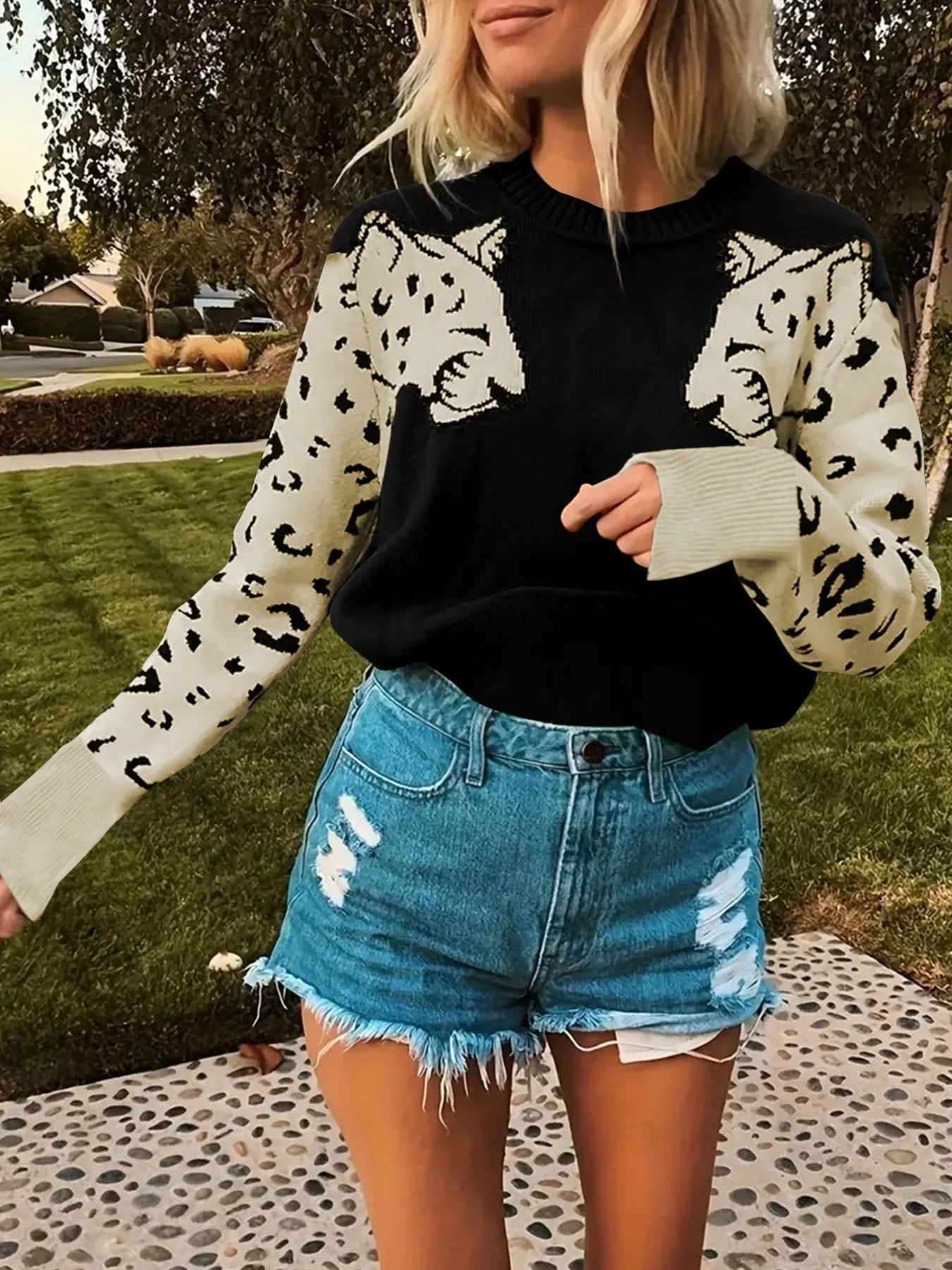 Animal Print Crew Neck Sweater