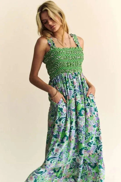 Colorful Smocked Waist Ruffled Midi Summer Dress