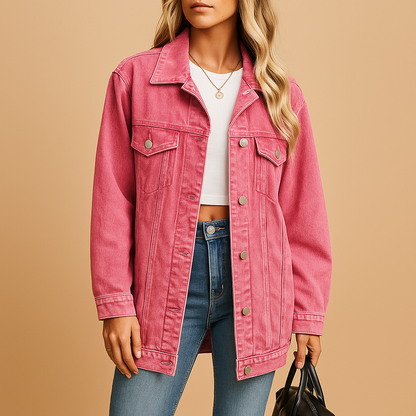 Women’s denim winter jacket with button closure and slim fit, suitable for everyday wear, winter outings, and festive occasions.
