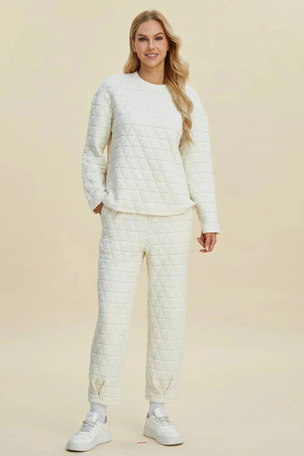 Trendy Textured Crew Neck Long Sleeve Top and Pant Set - EasyApparels