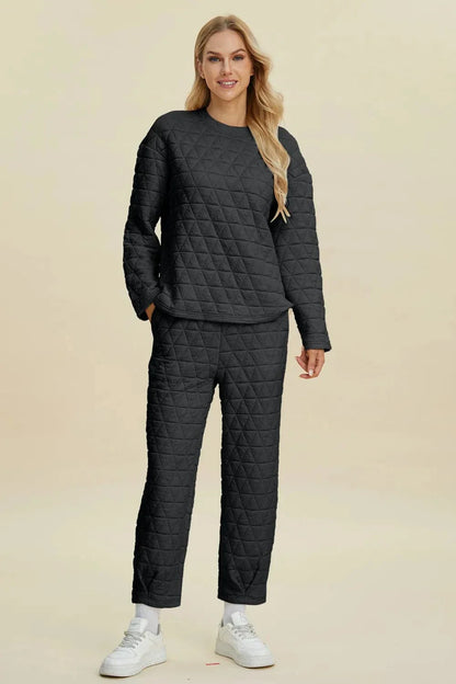 Trendy Textured Crew Neck Long Sleeve Top and Pant Set