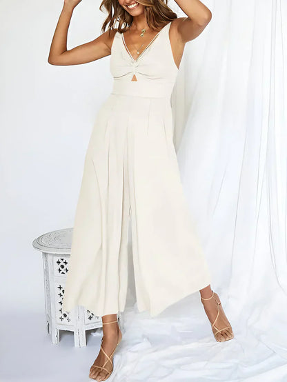Women's Sleeveless V-Neck High Waisted Wide Leg Jumpsuit