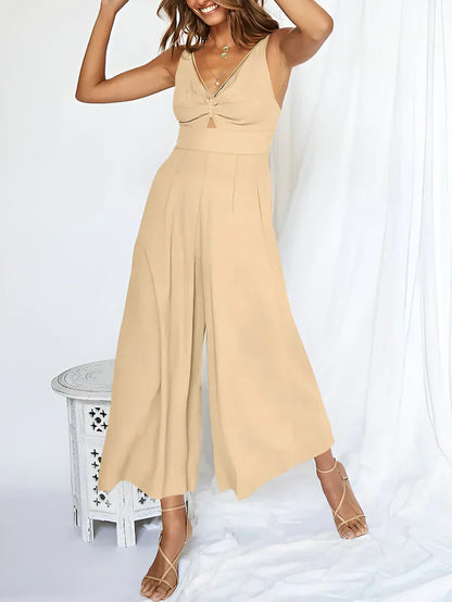 Women's Sleeveless V-Neck High Waisted Wide Leg Jumpsuit