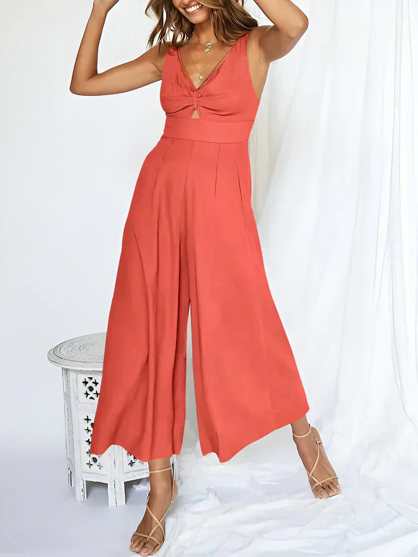 Women's Sleeveless V-Neck High Waisted Wide Leg Jumpsuit