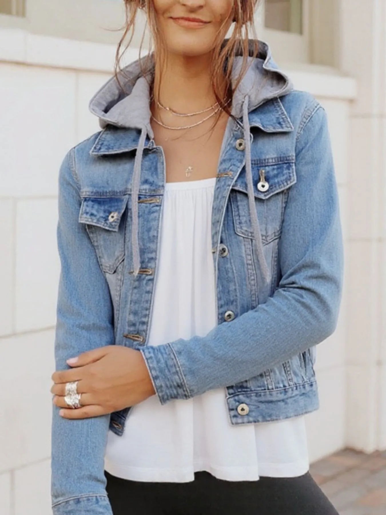 Relaxed Fit Drawstring Denim Hoodie Jacket For Women