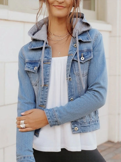 Relaxed Fit Drawstring Denim Hoodie Jacket For Women