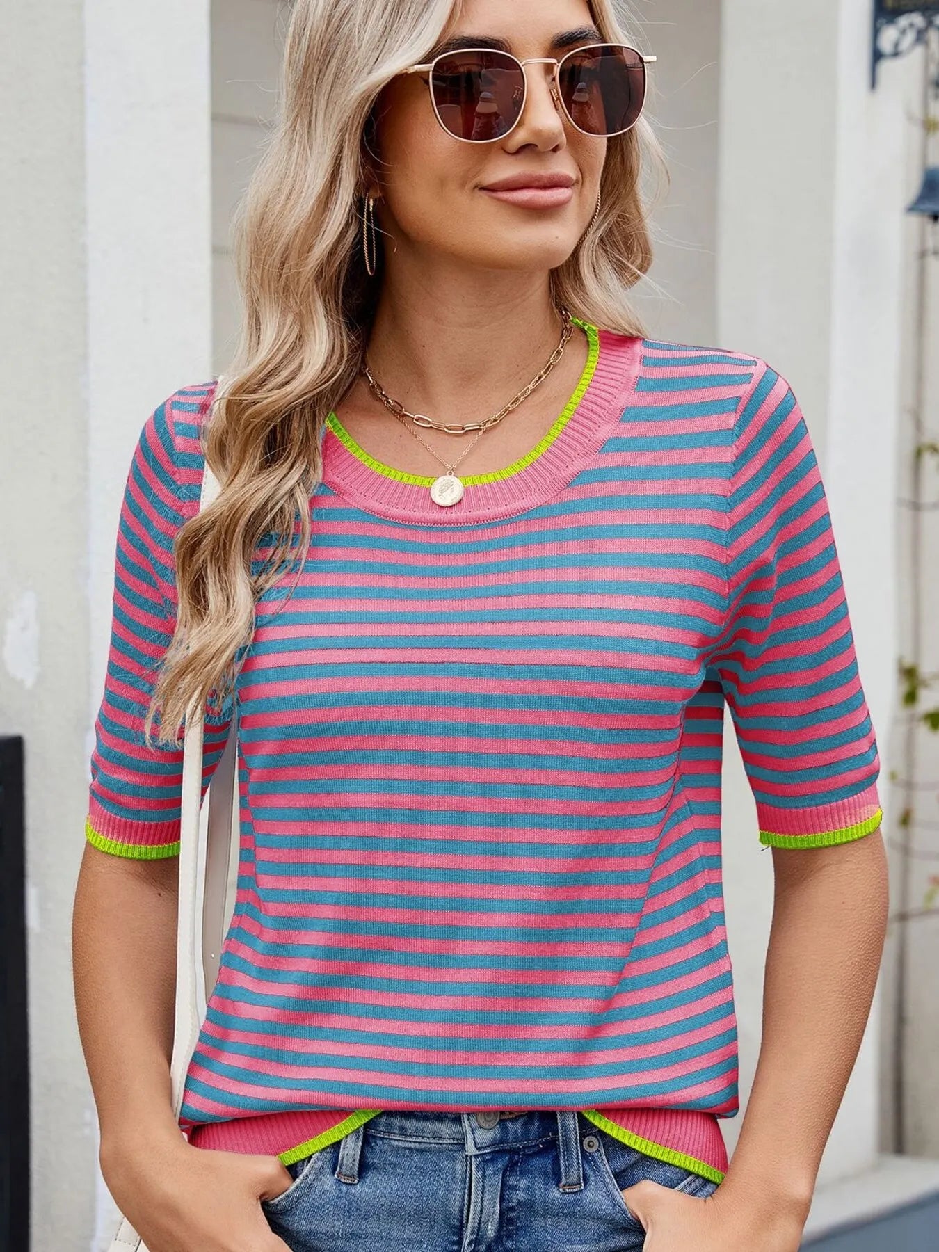 Classic Crew Neck Tee with Colorful Accent