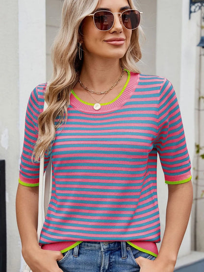 Classic Crew Neck Tee with Colorful Accent
