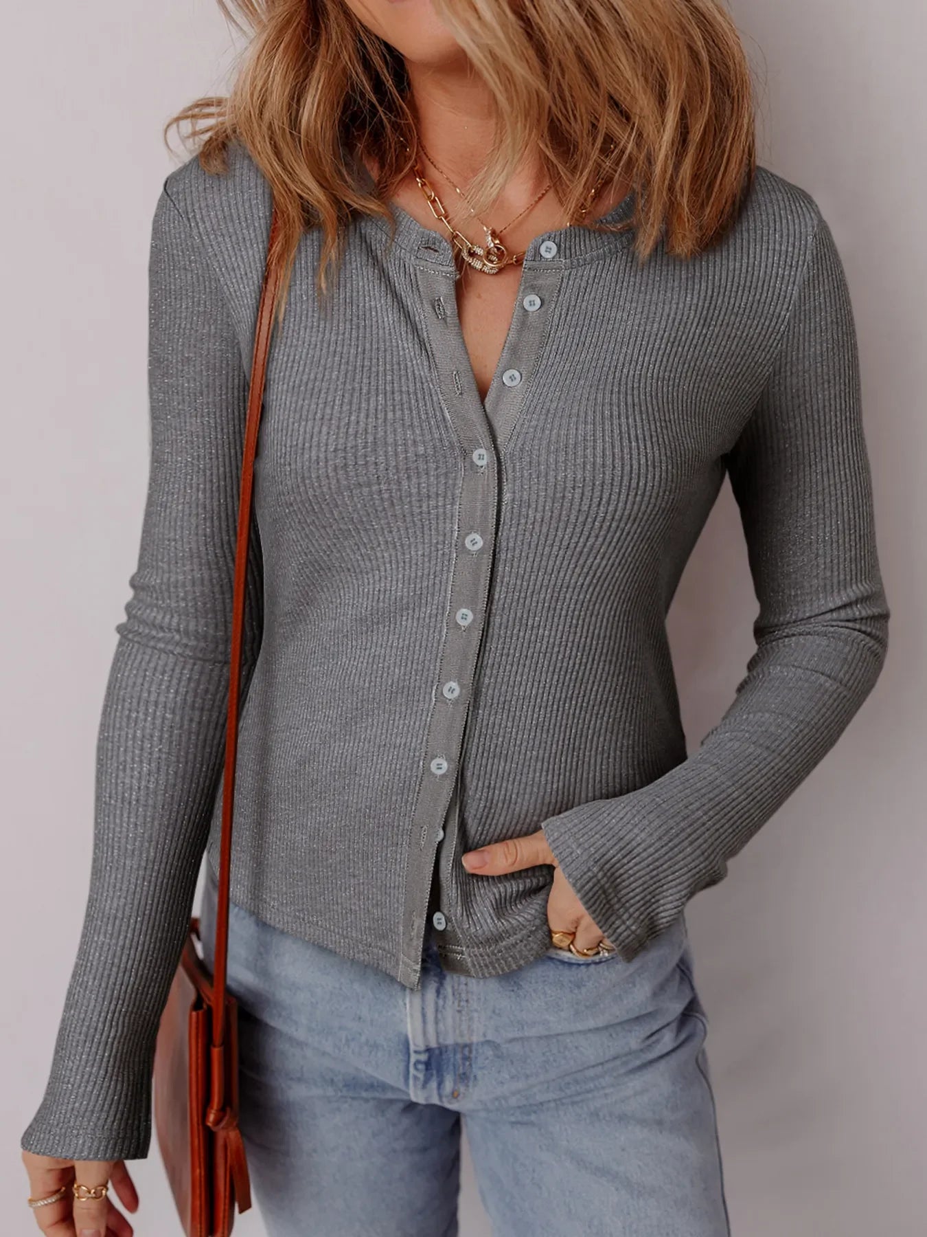 Textured Button Front Sweater - EasyApparels