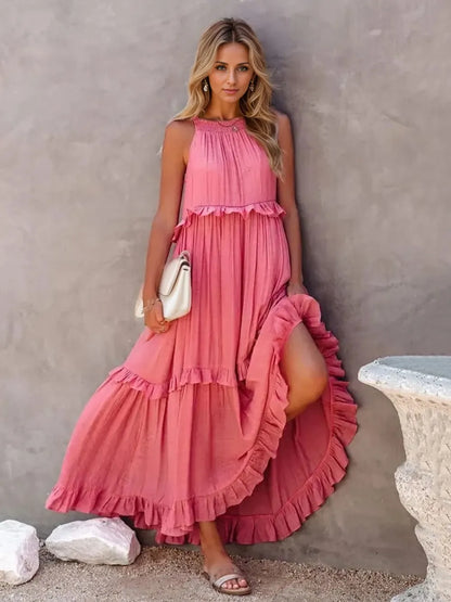 Flowy Strapless Layered Maxi Dress with Pockets - EasyApparels