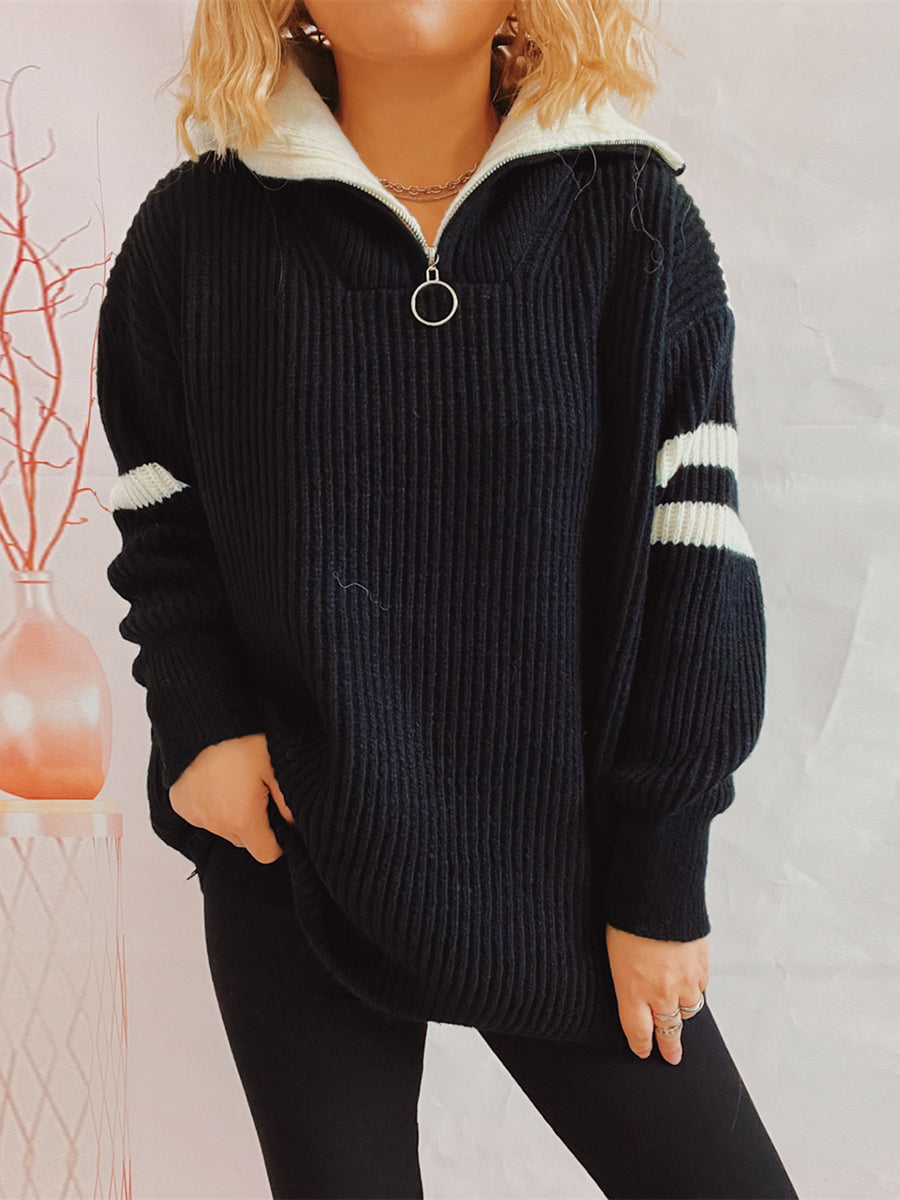Textured Contrast Half Zip Pullover Sweater